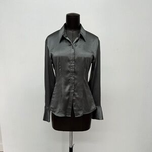 Charcoal Gray Satin Button-Up Blouse | Polished Workwear Staple